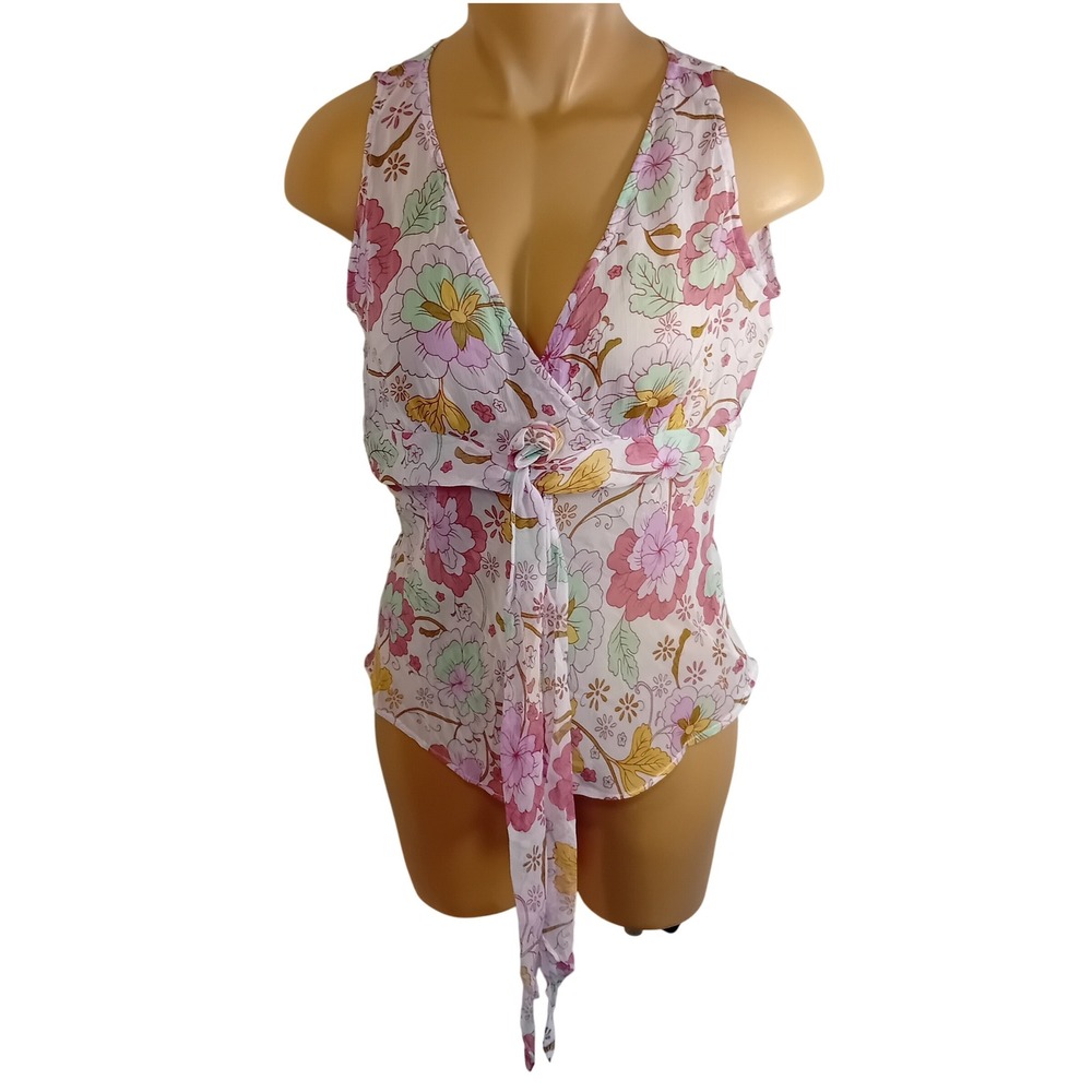 NWT Y2K Vivi Floral Sleeveless Top Tie Front Rose Bohemian Cottage Feminine M